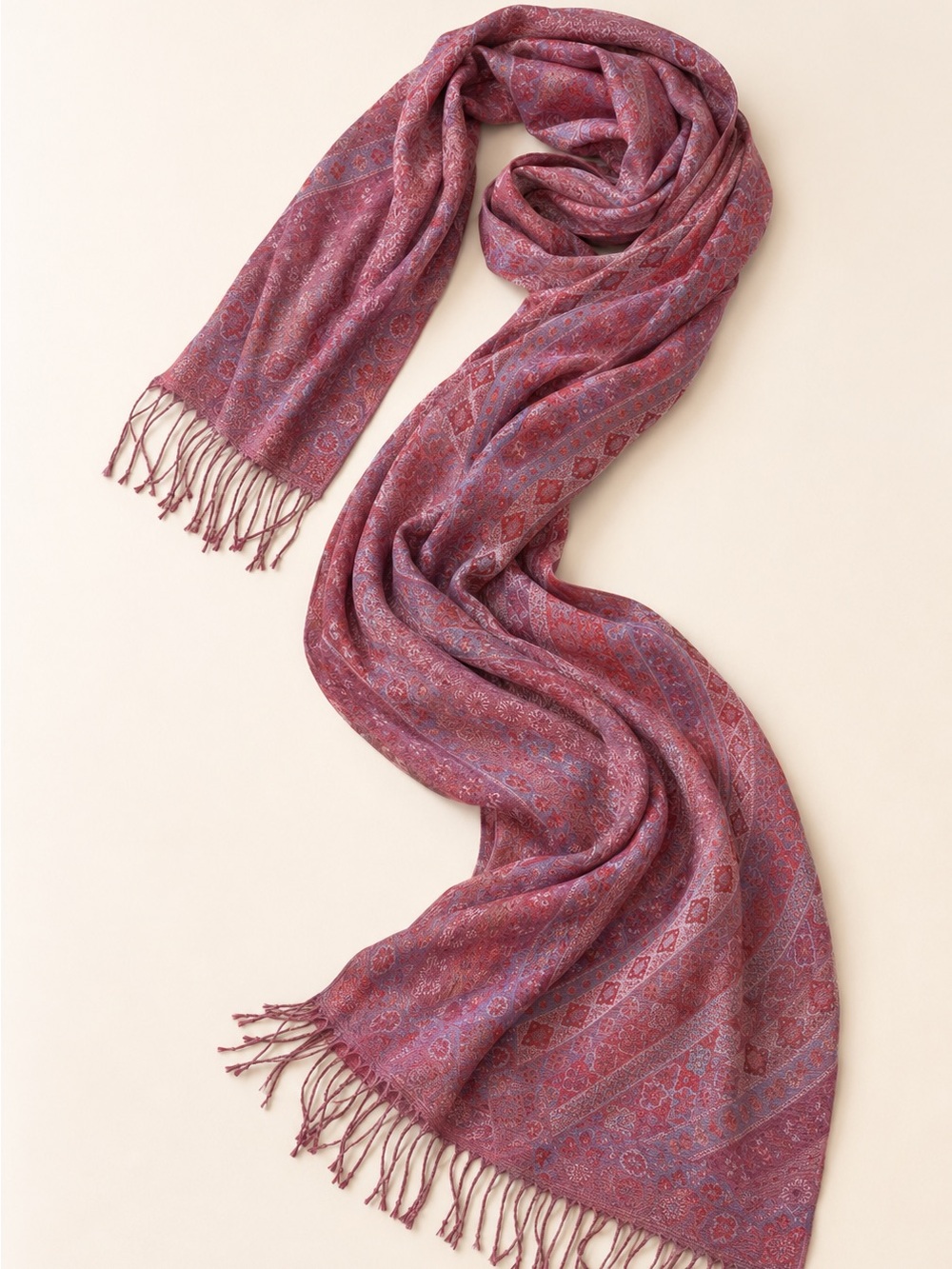 Mima Barcelona 100% Pashmina Paisley Shawl Wrap Mauve Blue Fringe NWOT